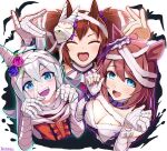  3girls alternate_costume animal_ears bandaged_ear bandages bat blue_eyes blue_flower blue_rose breasts brown_hair cleavage closed_eyes eyebrows_visible_through_hair eyeshadow fang flower fox_mask halloween halloween_costume highres horse_ears horse_girl inari_one_(umamusume) make_up_in_halloween!_(umamusume) makeup mask multiple_girls mummy_costume official_alternate_costume pink_flower pink_rose rose shiny shiny_hair silver_hair super_creek_(umamusume) tamamo_cross_(umamusume) torinosuke twintails umamusume upper_body 