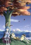  2girls animal_ears autumn_leaves blonde_hair bloomers blue_dress blue_hair blue_sky blush breasts cabbie_hat closed_eyes cloud cloudy_sky collarbone day dress earclip eyebrows_visible_through_hair floppy_ears full_body grass hands_on_own_knees hat headwear_removed highres long_hair looking_to_the_side low_twintails lying medium_breasts midriff moon mountainous_horizon multiple_girls on_back otomeza_ryuseigun outdoors puffy_short_sleeves puffy_sleeves rabbit_ears rabbit_tail red_eyes ringo_(touhou) seiran_(touhou) shirt short_hair short_sleeves sky smile tail touhou tree twintails underwear yellow_shirt 