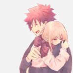  1boy 1girl blonde_hair closed_eyes eyebrows_visible_through_hair hair_between_eyes hair_ornament hairclip hand_on_another&#039;s_back hug nakiri_erina open_mouth pink_vest red_hair red_scarf scarf shokugeki_no_souma short_hair simple_background smile ssr_ng vest yukihira_souma 