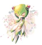  1girl closed_eyes cosmo_(sonic_x) dress floating flower full_body gem green_footwear green_hair highres petals simple_background solo sonic_(series) sonic_x tondamanuke 