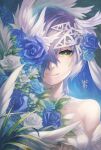  1girl a-er_(akkij0358) bare_shoulders blue_flower blue_hair blue_rose bouquet breasts flower hair_ornament hair_over_one_eye highres long_hair looking_at_viewer medium_breasts original rose smile solo upper_body yellow_eyes 