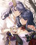  2girls armor bangs blurry blurry_background breasts bridal_gauntlets cleavage closed_mouth commentary_request duplicate flower genshin_impact hair_ornament holding_hands japanese_clothes kimono large_breasts long_hair long_sleeves looking_at_viewer makoto_(genshin_impact) mole mole_under_eye multiple_girls obi obiage pixel-perfect_duplicate purple_eyes purple_flower purple_hair purple_nails raiden_shogun ribbon sash shoulder_armor siblings silence_girl sisters smile spoilers tassel wide_sleeves yae_(genshin_impact) 