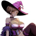  1girl :d bare_shoulders black_legwear breasts brown_hair choker cleavage collarbone corset cross-laced_clothes detached_sleeves eyebrows_visible_through_hair flower hat highres hitofudegaki_usagi hyoudou_rena idolmaster idolmaster_cinderella_girls jewelry knee_up light_blush looking_at_viewer medium_breasts open_mouth pendant purple_choker purple_headwear red_flower red_rose rose see-through simple_background smile solo thigh_strap thighhighs tied_hair white_background witch_hat yellow_eyes 
