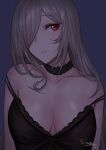  1girl bangs bare_shoulders black_choker breasts choker cleavage eyebrows_visible_through_hair g36c_(girls&#039;_frontline) girls&#039;_frontline hair_over_one_eye highres large_breasts looking_at_viewer off_shoulder one_eye_covered parted_lips red_eyes selcky solo upper_body 