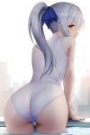  1girl arm_support ass bangs bare_arms bare_shoulders competition_swimsuit cowboy_shot from_behind highres leaning_forward long_hair looking_at_viewer looking_back one-piece_swimsuit orange_eyes original parted_lips ponytail silver_hair sion_(9117) solo swimsuit water white_swimsuit 