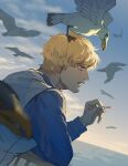  1boy animal_on_head bird bird_on_head blonde_hair cigarette curly_hair donquixote_rocinante from_side highres long_sleeves male_focus ocean on_head one_piece parted_lips red_eyes santa65 seagull short_hair solo 