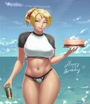  1girl bikini blonde_hair blue_sky bow breasts cake can cowboy_shot crop_top cropped_shirt day food green_eyes hair_bow happy_birthday holding holding_can holding_tray horizon large_breasts looking_at_viewer lvl_(sentrythe2310) medium_hair mountain_dew navel ocean original outdoors parted_lips pointy_ears ponytail red_bow short_sleeves signature sky smile solo standing stomach swimsuit tray white_bikini 