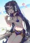  3girls beach bench bikini bikini_shorts black_hair blurry blurry_background bowl breasts capelet choker day earrings eating food genshin_impact green_eyes highres holding holding_food jean_(genshin_impact) jean_(sea_breeze_dandelion)_(genshin_impact) jewelry klee_(genshin_impact) long_hair looking_at_viewer mona_(genshin_impact) multiple_girls navel noodles nule3309 ocean open_mouth sand shorts side-tie_bikini sitting small_breasts solo_focus soumen sparkle_hair_ornament star_(symbol) star_choker star_earrings sunlight sweatdrop swimsuit table twintails very_long_hair water 