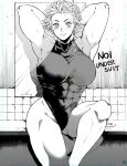  1girl abs absurdres bangs bare_shoulders black_leotard blush bodysuit breasts dorohedoro earrings highres jewelry large_breasts leotard long_hair looking_at_viewer monochrome muscular muscular_female noi_(dorohedoro) short_hair simple_background skin_tight smile solo white_hair youto 