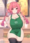  1girl apron areola_slip areolae bangs bare_shoulders barista black_legwear blurry blurry_background breasts cafe cleavage coffee_cup collarbone commentary cup curvy disposable_cup dragon_girl dragon_horns english_commentary eyebrows_visible_through_hair fingernails gigantic_breasts green_apron hands_up highres holding holding_cup holding_marker horns iced_latte_with_breast_milk_(meme) ilulu_(maidragon) kobayashi-san_chi_no_maidragon looking_at_viewer marker meme nail_polish naked_apron patreon_username pink_hair skindentation slit_pupils thick_thighs thighhighs thighs tomathao twintails twitter_username watermark 