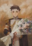  1boy ace_attorney armband black_cape black_hair black_jacket bouquet brown_eyes cape closed_mouth cowboy_shot epaulettes flower gloves highres holding holding_bouquet jacket long_sleeves looking_at_viewer male_focus military military_uniform raycrodu_h ryunosuke_naruhodo short_hair smile solo standing the_great_ace_attorney the_great_ace_attorney:_adventures uniform white_gloves 