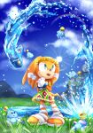  1girl bandages blue_eyes blue_sky chao_(sonic) chaos_(sonic) cloud furry furry_female gloves grass highres looking_afar monster open_mouth outdoors own_hands_together skirt sky sonic_(series) sonic_adventure standing sun tikal_the_echidna tondamanuke water white_gloves 