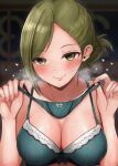  1girl absurdres bare_shoulders blurry blush bow bow_bra bow_panties bra breasts breath cleavage closed_mouth collarbone depth_of_field eyebrows_visible_through_hair folded_ponytail green_bra green_eyes green_hair green_panties heart heart_print highres holding holding_clothes holding_panties holding_underwear idolmaster idolmaster_shiny_colors lace-trimmed_bra lace-trimmed_panties lace_trim large_breasts lingerie looking_at_viewer mebunryo_(mebunryo2) nanakusa_hazuki night office panties revision smile solo underwear upper_body 