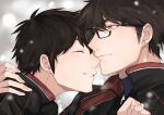  2boys ace_of_diamond aiaipoponta0605 bangs black_jacket blush brown_eyes brown_hair closed_eyes closed_mouth couple falling_snow glasses hand_grab highres jacket looking_at_another male_focus miyuki_kazuya multicolored_clothes multicolored_jacket multiple_boys outdoors red_jacket sawamura_eijun short_hair sideburns smile snow teeth two-tone_jacket upper_body yaoi 