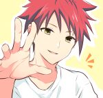  1boy eyebrows_visible_through_hair looking_at_viewer open_mouth outstretched_hand red_hair shirt shokugeki_no_souma short_hair simple_background ssr_ng white_shirt yellow_background yellow_eyes yukihira_souma 