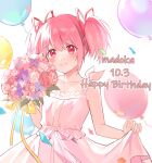  1girl :d alternate_costume artist_name balloon bangs bare_shoulders birthday blurry bow_dress clothes_lift collarbone dated depth_of_field dress dress_lift eyebrows_visible_through_hair flower hair_ribbon hand_up happy_birthday highres kaname_madoka mahou_shoujo_madoka_magica miharu_(susgnzjgwdhgqui) open_mouth pink_hair red_ribbon ribbon short_hair smile solo spaghetti_strap upper_body white_background 