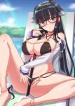  1girl animal_ears anklet bangs bespectacled between_breasts bikini black_bikini black_hair blunt_bangs blush breasts dan_(orange_train) day dog_ears glasses highres ikaruga_(senran_kagura) jacket jewelry katana large_breasts long_hair long_sleeves looking_at_viewer open_clothes open_jacket parted_lips poolside red-framed_eyewear senran_kagura sidelocks solo spread_legs sweat swimsuit sword sword_between_breasts weapon 