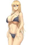  1girl azur_lane bikini bismarck_(azur_lane) black_bikini black_swimsuit blonde_hair blue_eyes blush breasts cleavage closed_mouth collarbone eyebrows_visible_through_hair feet_out_of_frame highres large_breasts lom_(lom_lom_8) long_hair looking_at_viewer navel smile solo standing swimsuit white_background 