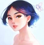  1girl absurdres bad_id bad_pixiv_id blue_hair borrowed_character brown_eyes bug butterfly earrings english_commentary glint gradient gradient_background hanr10 highres jewelry looking_at_viewer original parted_lips portrait short_hair solo white_butterfly 