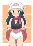  1girl bare_arms beanie blue_eyes blue_hair blush border bow bow_panties closed_mouth clothes_lift commentary_request dawn_(pokemon) flying_sweatdrops hair_ornament hairclip hat lifted_by_self long_hair looking_at_viewer miniskirt outline panties pink_scarf pink_skirt pokemon pokemon_(anime) pokemon_dppt_(anime) raised_eyebrows scarf shirt skirt skirt_lift sleeveless sleeveless_shirt solo thighs underwear white_border white_headwear white_panties yume_yoroi 
