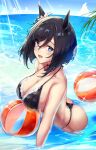  1girl :d animal_ears ass ball bangs bare_arms bare_shoulders beachball bikini black_bikini black_hair blue_eyes blush breasts choker cleavage cloud collarbone day eishin_flash_(umamusume) eyebrows_visible_through_hair highres horizon horse_ears large_breasts leaning_forward lens_flare looking_at_viewer no_tail open_mouth osterei outdoors partially_submerged red_choker short_hair smile solo sunlight swept_bangs swimsuit umamusume water 