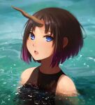  1girl :d absurdres black_swimsuit blue_eyes brown_hair elma_(maidragon) eyebrows_visible_through_hair gradient hanr10 highres horns kobayashi-san_chi_no_maidragon looking_at_viewer md5_mismatch open_mouth parted_lips partially_submerged purple_hair short_hair single_horn smile solo swimsuit teeth upper_teeth water 