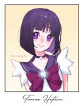  1girl bangs bishoujo_senshi_sailor_moon blunt_bangs bow character_name choker circlet closed_mouth collarbone earrings eyebrows_visible_through_hair framed jewelry looking_at_viewer magical_girl purple_bow purple_choker purple_eyes purple_hair purple_sailor_collar sailor_collar sailor_saturn sailor_senshi_uniform shiny shiny_hair short_hair smile solo tabby_chan tomoe_hotaru upper_body 