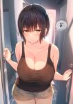  1girl bangs black_hair black_tank_top breasts cleavage closed_mouth collarbone commentary_request covered_navel door doorway eyebrows_visible_through_hair large_breasts looking_at_viewer original pov_doorway reward_available short_hair shorts sleeveless solo sune_(mugendai) tank_top thighs white_shorts yellow_eyes 