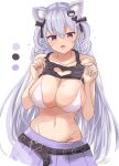  1girl absurdres animal_ear_fluff animal_ears bare_arms bare_shoulders belt bikini black_shirt breasts cat_ears cleavage clothes_lift clothing_cutout color_guide crop_top curly_hair grey_hair hair_ribbon hands_up heart_cutout highleg highres hourei_tenten large_breasts lifted_by_self long_hair looking_at_viewer melty+ midriff miniskirt mole mole_on_breast navel ogura_toast open_mouth pleated_skirt purple_eyes purple_skirt ribbon shirt shirt_lift skindentation skirt sleeveless sleeveless_shirt solo stomach strap_pull string_bikini swimsuit two_side_up upper_body very_long_hair virtual_youtuber white_background white_bikini 