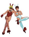  2boys absurdres alternate_costume amuro_ray animal_ears bangs black_eyes blonde_hair brown_hair closed_mouth crossdressing crossed_arms crossed_legs fishnet_legwear fishnets gloves gundam high_heels highres invisible_chair kneehighs leotard male_focus multiple_boys playboy_bunny quattro_vageena rabbit_ears red_footwear red_leotard shishanmo simple_background sitting sunglasses thighhighs white_background white_gloves white_legwear white_leotard wrist_cuffs zeta_gundam 