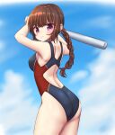  1girl ass baseball_bat blue_sky blue_swimsuit braid brown_hair cloud commentary_request competition_swimsuit cowboy_shot from_behind highres holding holding_baseball_bat long_hair looking_at_viewer mekki_sozai one-piece_swimsuit original pose red_eyes single_braid sky smile solo standing swimsuit 