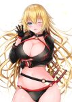  1girl absurdres ahoge bangs bikini black_bikini black_gloves black_jacket blonde_hair blue_eyes blush breasts choker cleavage cosplay cropped_jacket fate/apocrypha fate/grand_order fate_(series) gloves highres jacket jeanne_d&#039;arc_(alter_swimsuit_berserker)_(fate) jeanne_d&#039;arc_(alter_swimsuit_berserker)_(fate)_(cosplay) jeanne_d&#039;arc_(fate) jeanne_d&#039;arc_(fate/apocrypha) large_breasts long_hair long_sleeves looking_at_viewer navel nuts_(hazel-nuts) o-ring o-ring_bikini red_legwear shrug_(clothing) single_thighhigh solo swimsuit thigh_strap thighhighs thighs very_long_hair 