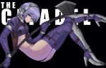  1girl android ass axe black_background breasts english_text gloves hair_over_one_eye headphones high_heels highres purple_eyes purple_gloves purple_hair revealing_clothes rob_110101101 short_hair small_breasts solo the_citadel weapon 