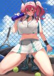  1girl ass_visible_through_thighs azur_lane bangs bare_shoulders blush breasts bremerton_(azur_lane) bremerton_(scorching-hot_training)_(azur_lane) cleavage crop_top highres large_breasts long_hair looking_at_viewer navel official_alternate_costume pink_eyes pink_hair skirt solo sportswear tennis_uniform twintails two-tone_shirt two-tone_skirt yayako_(804907150) 