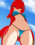  1girl arms_behind_back ass_visible_through_thighs ayatori_(aytr) bikini blue_bikini blue_sky blush breasts cameltoe colored_skin cowboy_shot day fish_girl from_below gills highres looking_at_viewer looking_down md5_mismatch medium_breasts mipha monster_girl navel outdoors partially_visible_vulva red_skin resolution_mismatch sky solo stomach swimsuit the_legend_of_zelda the_legend_of_zelda:_breath_of_the_wild underboob yellow_eyes zora 