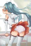  1girl ass bare_shoulders blue_eyes blue_hair blurry blurry_background blush breasts chair character_name commentary_request day desk detached_sleeves diaper ear_blush embarrassed floral_print from_behind hair_ribbon highres indoors isuzu_(kancolle) kantai_collection koorimizu leaning_forward leaning_on_object light_particles long_hair looking_at_viewer looking_back medium_breasts miniskirt nose_blush open_mouth pleated_skirt red_skirt ribbon sailor_collar school_chair school_desk school_uniform serafuku shirt sidelocks skindentation skirt sleeveless sleeveless_shirt solo_focus standing sweat thighhighs tied_hair translation_request twintails upskirt very_long_hair white_legwear white_ribbon white_sailor_collar white_shirt white_sleeves wind wind_lift window 