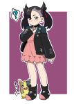  1girl ? ankle_boots asymmetrical_bangs bangs black_choker black_footwear black_hair black_jacket black_nails blush boots choker closed_mouth commentary_request dress earrings full_body green_eyes hair_ribbon hand_up jacket jewelry long_hair long_sleeves marnie_(pokemon) morpeko morpeko_(full) nail_polish open_clothes open_jacket outline pink_dress pokemon pokemon_(creature) pokemon_(game) pokemon_swsh red_ribbon ribbon sleeves_past_wrists spoken_question_mark standing twintails yume_yoroi 