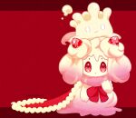 alcremie alcremie_(strawberry_sweet) cape closed_mouth commentary_request evolutionary_line food fruit fur-trimmed_cape fur_trim hand_up looking_at_viewer milcery neck_ribbon no_humans on_head pokemon pokemon_(creature) pokemon_on_head red_cape red_eyes red_ribbon ribbon strawberry symabara 