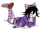  1boy animal_ears arm_support bangs black_hair bow brown_footwear cat_ears cat_tail cheshire_cat_(alice_in_wonderland) cheshire_cat_(alice_in_wonderland)_(cosplay) cosplay danganronpa_(series) danganronpa_v3:_killing_harmony flipped_hair full_body grey_background highres jacket long_sleeves looking_at_viewer lying male_focus on_stomach ouma_kokichi pastahands pink_legwear purple_eyes shoes simple_background smile solo striped striped_legwear symbol-only_commentary tail teeth 