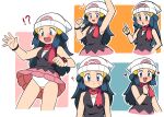  !? 1girl :d :o ? arm_up beanie black_shirt blue_eyes blue_hair blush bracelet breasts clenched_hand commentary_request dawn_(pokemon) eyelashes hand_up hat heart index_finger_raised jewelry multiple_views open_mouth outline panties pink_skirt poke_ball_print poke_ball_symbol poke_ball_theme pokemon pokemon_(anime) pokemon_dppt_(anime) poketch print_headwear red_scarf scarf shirt skirt sleeveless sleeveless_shirt small_breasts smile tongue underwear watch white_headwear white_outline white_panties white_shirt wristwatch yume_yoroi 