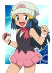  1girl :d beanie blue_eyes blue_hair blush bracelet commentary_request cowboy_shot dawn_(pokemon) eyelashes hands_up hat holding holding_poke_ball jewelry long_hair looking_at_viewer open_mouth outline pink_shirt poke_ball poke_ball_(basic) pokemon pokemon_(anime) pokemon_dppt_(anime) shirt sleeveless sleeveless_shirt smile solo tongue w_arms white_headwear yume_yoroi 