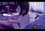  1girl bangs barefoot bed bedroom black_eyes black_hair braid breasts camisole commentary_request curtains dark earphones film_grain from_behind full_body highres indoors knees_up letterboxed looking_at_viewer looking_back paper phone project_sekai sad shinonome_ena short_hair sidelocks sitting small_breasts spaghetti_strap tears tenda_(tendarugby) tissue trash_can used_tissue white_camisole 