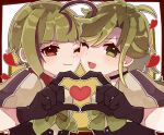  2girls ahoge antenna_hair bangs black_choker black_gloves blush cheek-to-cheek choker gloves green_eyes green_neckwear hagino_chihiro heads_together heart heart_hands heart_hands_duo highres kantai_collection matsu_(kancolle) multicolored_hair multiple_girls one-hour_drawing_challenge one_eye_closed open_mouth purple_hair short_hair smile streaked_hair take_(kancolle) upper_body 