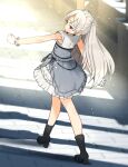  1girl annin_musou black_footwear blush boots brown_eyes commentary conte_di_cavour_(kancolle) dress gloves grey_dress high_heel_boots high_heels kantai_collection layered_dress long_hair remodel_(kantai_collection) short_sleeves silver_hair solo two-tone_dress two_side_up white_dress white_gloves 