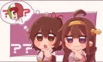  2girls :o ? ahoge bangs blush brown_hair chibi commentary_request detached_sleeves eyebrows_visible_through_hair hagino_chihiro hair_ribbon headgear ise_(kancolle) italian_flag japanese_clothes kantai_collection kongou_(kancolle) long_hair multiple_girls open_mouth ponytail ribbon simple_background thought_bubble upper_body 