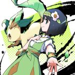  1girl ayo_(ayosanri009) bangs black_hair clenched_hand closed_mouth commentary_request dress erika_(pokemon) eyelashes flower from_side green_dress green_headband hair_flower hair_ornament hand_up headband leaf leafeon leaves_in_wind official_alternate_costume pokemon pokemon_(creature) pokemon_(game) pokemon_masters_ex shirt short_hair short_sleeves smile w white_flower white_shirt 