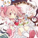  :d akemi_homura aoki_ume_(style) blush bubble_skirt cake charlotte_(madoka_magica) food foot_out_of_frame hair_ribbon highres hitode holding holding_cake holding_food holding_plate hugging_own_legs kaname_madoka kyubey madoka_runes magia_record:_mahou_shoujo_madoka_magica_gaiden magical_girl mahou_shoujo_madoka_magica miki_sayaka multiple_girls open_mouth pink_background pink_hair plate red_ribbon ribbon sakura_kyouko short_twintails sitting skirt small_kyubey smile soul_gem tareme tomoe_mami touching twintails yellow_ribbon 