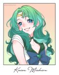  1girl bangs bishoujo_senshi_sailor_moon blue_bow blue_eyes bow character_name choker circlet collarbone collared_shirt earrings eyebrows_visible_through_hair framed green_choker green_hair green_sailor_collar grin hair_between_eyes hair_intakes jewelry kaiou_michiru long_hair looking_at_viewer magical_girl sailor_collar sailor_neptune sailor_senshi_uniform sailor_shirt shirt smile solo tabby_chan upper_body very_long_hair white_shirt 