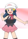  1girl :d bare_arms beanie blue_eyes blue_hair boots clenched_hand commentary dawn_(pokemon) eyelashes hair_ornament hairclip hand_up hat kneehighs knees long_hair looking_at_viewer open_mouth outstretched_arm pink_footwear pink_scarf pink_skirt pokemon pokemon_(anime) pokemon_dppt_(anime) scarf shirt skirt sleeveless sleeveless_shirt smile solo tongue white_headwear yume_yoroi 