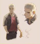 1boy belt black_shirt cigarette commentary_request hand_in_pocket highres jewelry male_focus meipu_hm multiple_views nanu_(pokemon) necklace older pants pokemon pokemon_(game) pokemon_sm red_eyes shirt short_sleeves smile smoking team_skull white_hair 